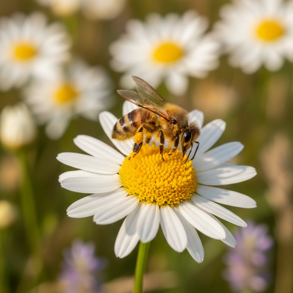 A honeybee gathering pollen from a wild daisy