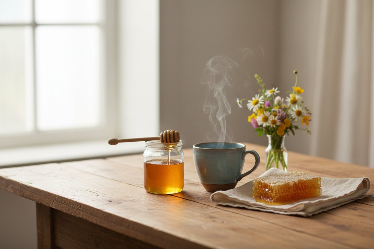 Tea, honey, honeycomb and wildflowers on a sunny morning table