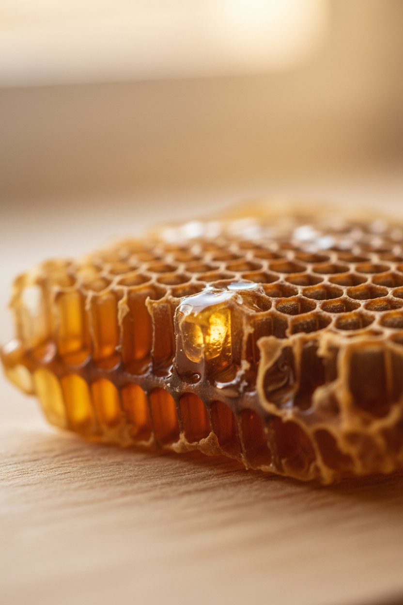 Close view of hexagonal wax cells filled with golden honey