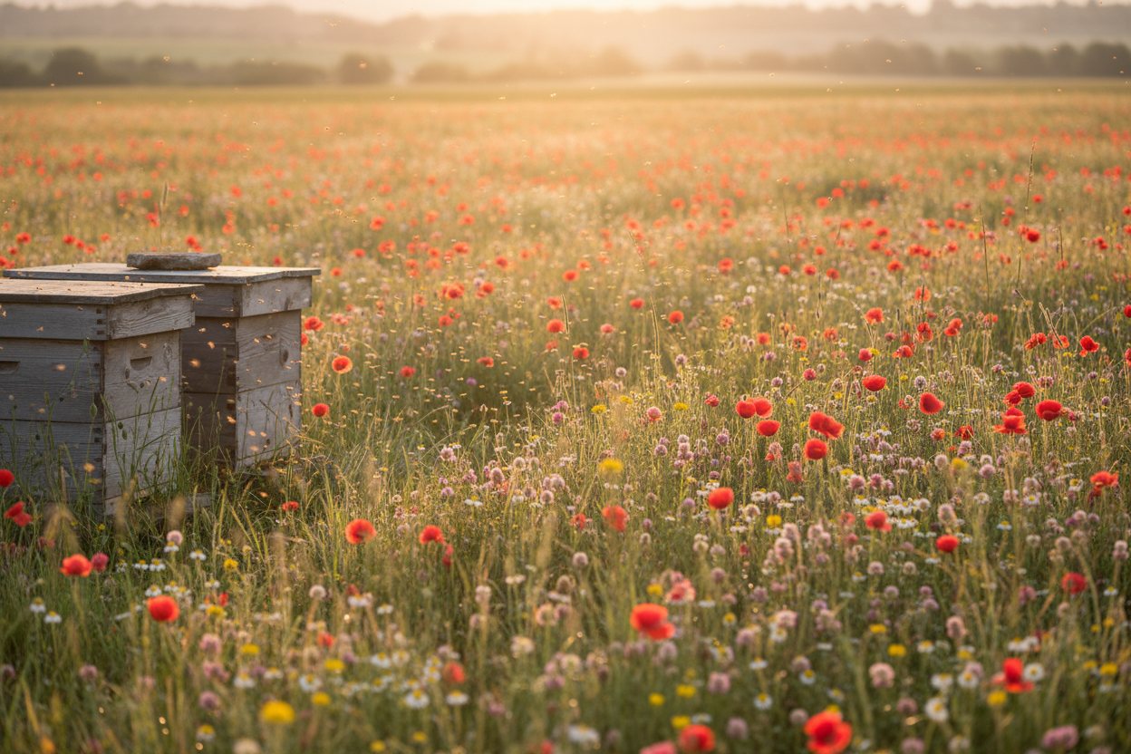 Wooden beehives at the edge of a flowering meadow in golden light